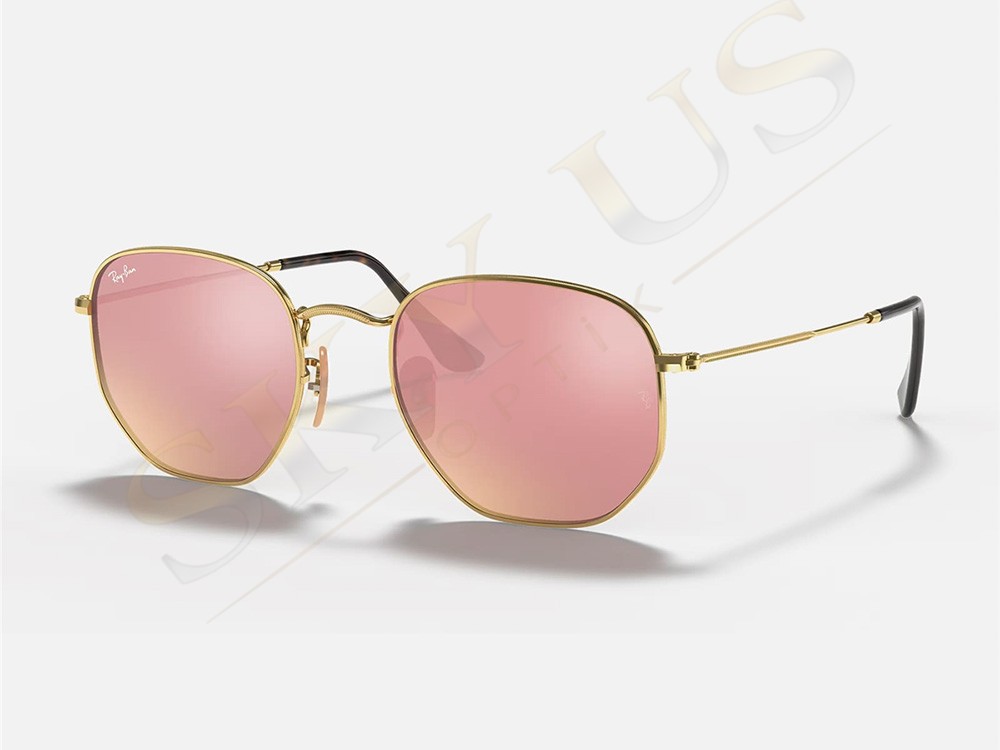 Ray-Ban RB3548N 001/Z2 Hexagonal Flat Lenses Pembe Aynalı Altın Metal Gözlük